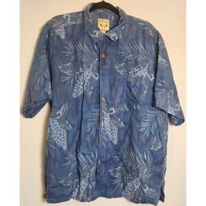 Paradise Coves 100%‎ Silk Short Sleeve Button Up Shirt Men's XL Blue Hawaiian